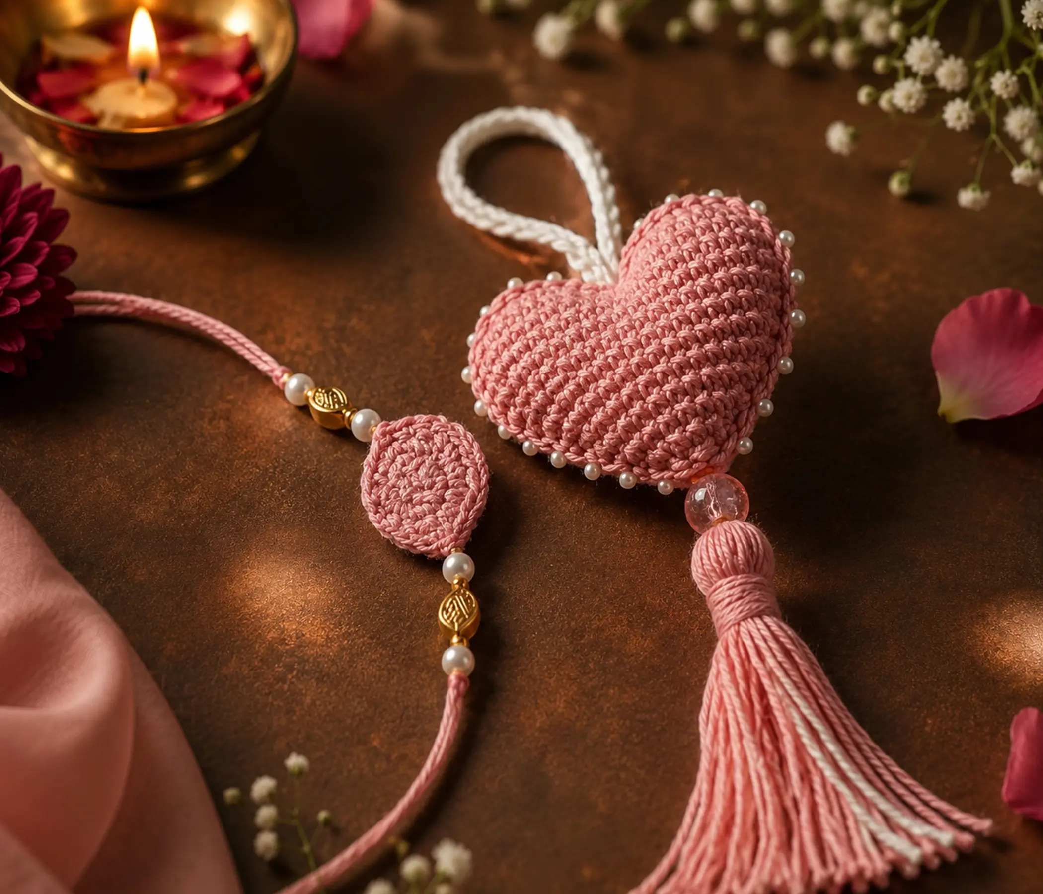 Handmade Pink Crochet Heart Rakhi | Heart Design Rakhadi for Brother | Elegant Raksha Bandhan Rakhi